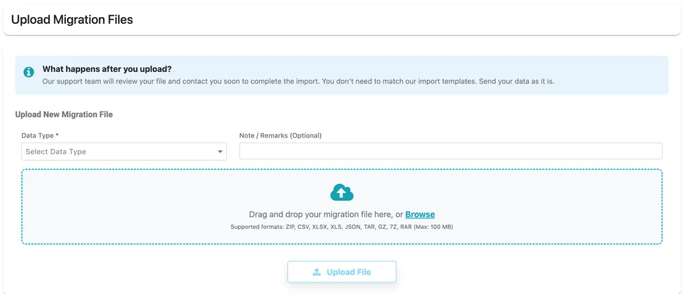 The Upload Migration Files screen: Data Type and Note/Remarks above a drag-and-drop area listing the supported formats, with an Upload File button