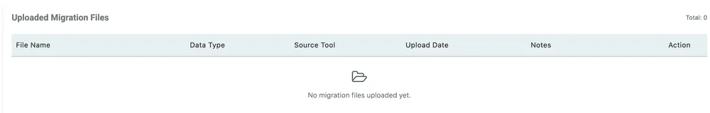 The Uploaded Migration Files table with columns for file name, data type, source tool, upload date, notes and action, reading No migration files uploaded yet